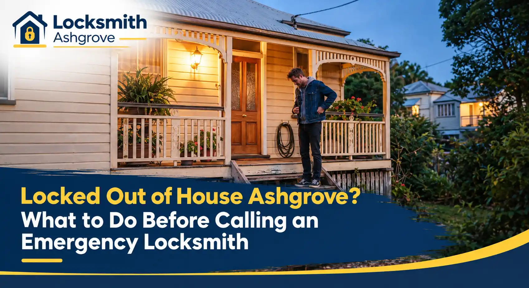 Man standing on the front porch of a Queenslander home in Ashgrove, checking his pockets after being locked out