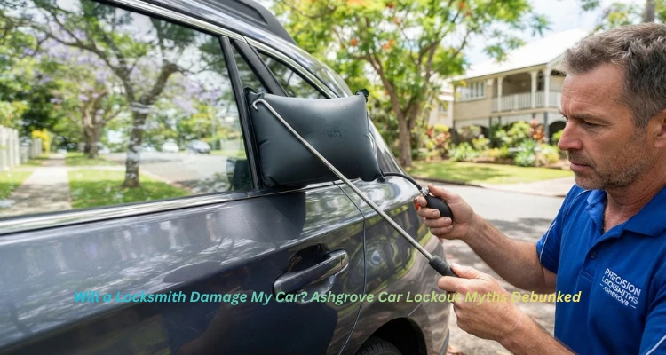 Locksmith using an inflatable wedge and long-reach tool to unlock a car door without any paint damage