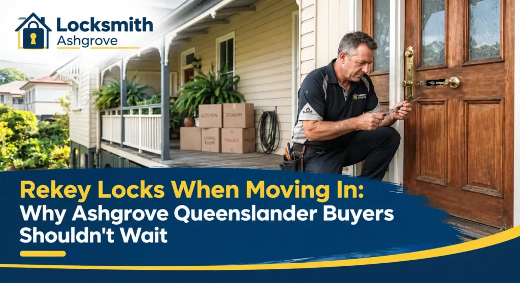 Locksmith rekeying a front door lock at a Queenslander home with moving boxes on the veranda