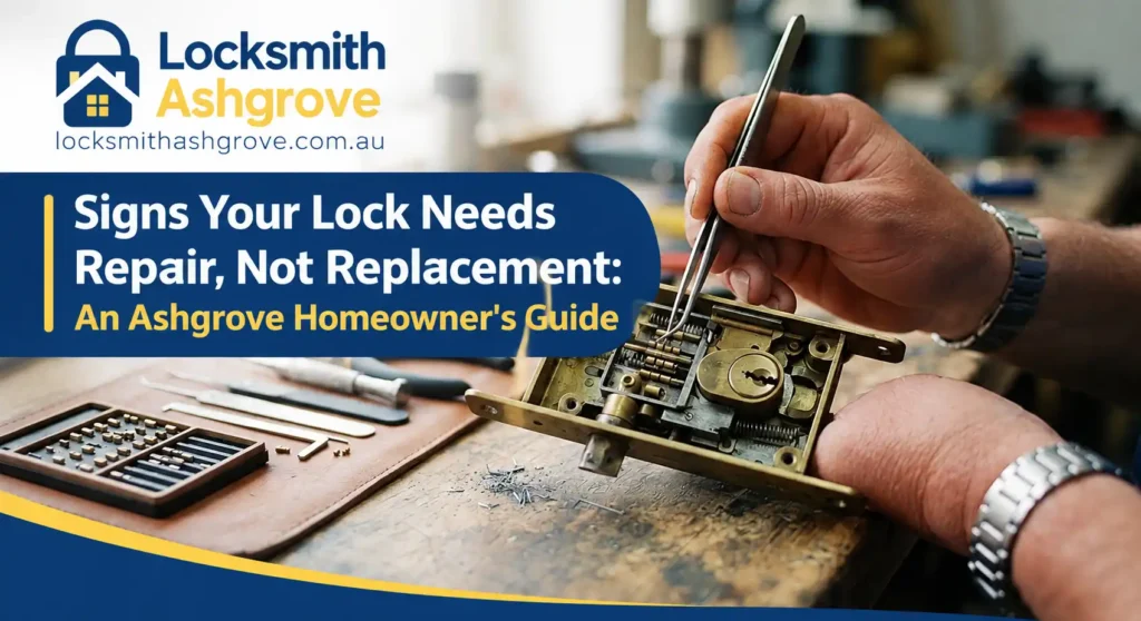 Locksmith using precision tools to repair the internal mechanism of a disassembled mortice lock on a workbench