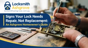 Locksmith using precision tools to repair the internal mechanism of a disassembled mortice lock on a workbench