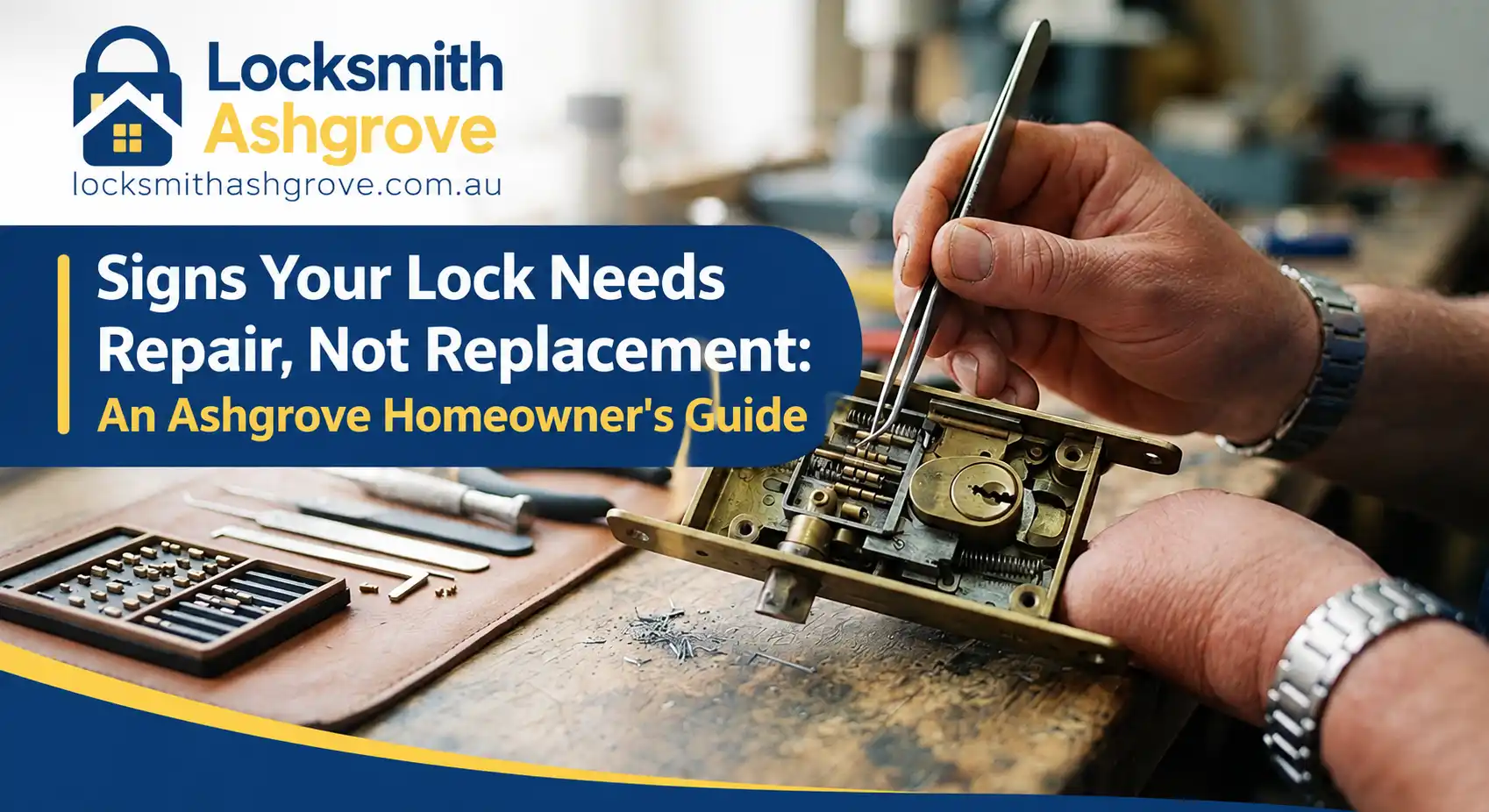 Locksmith using precision tools to repair the internal mechanism of a disassembled mortice lock on a workbench